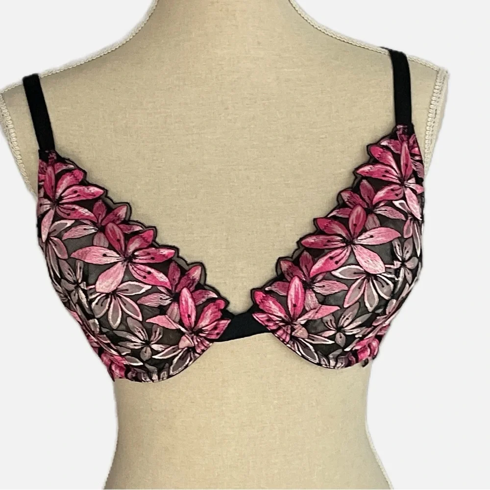 Victoria's Secret Very Sexy Low Cut Demi Bra Size 38D Black Pink Mesh Floral - Picture 1 of 9